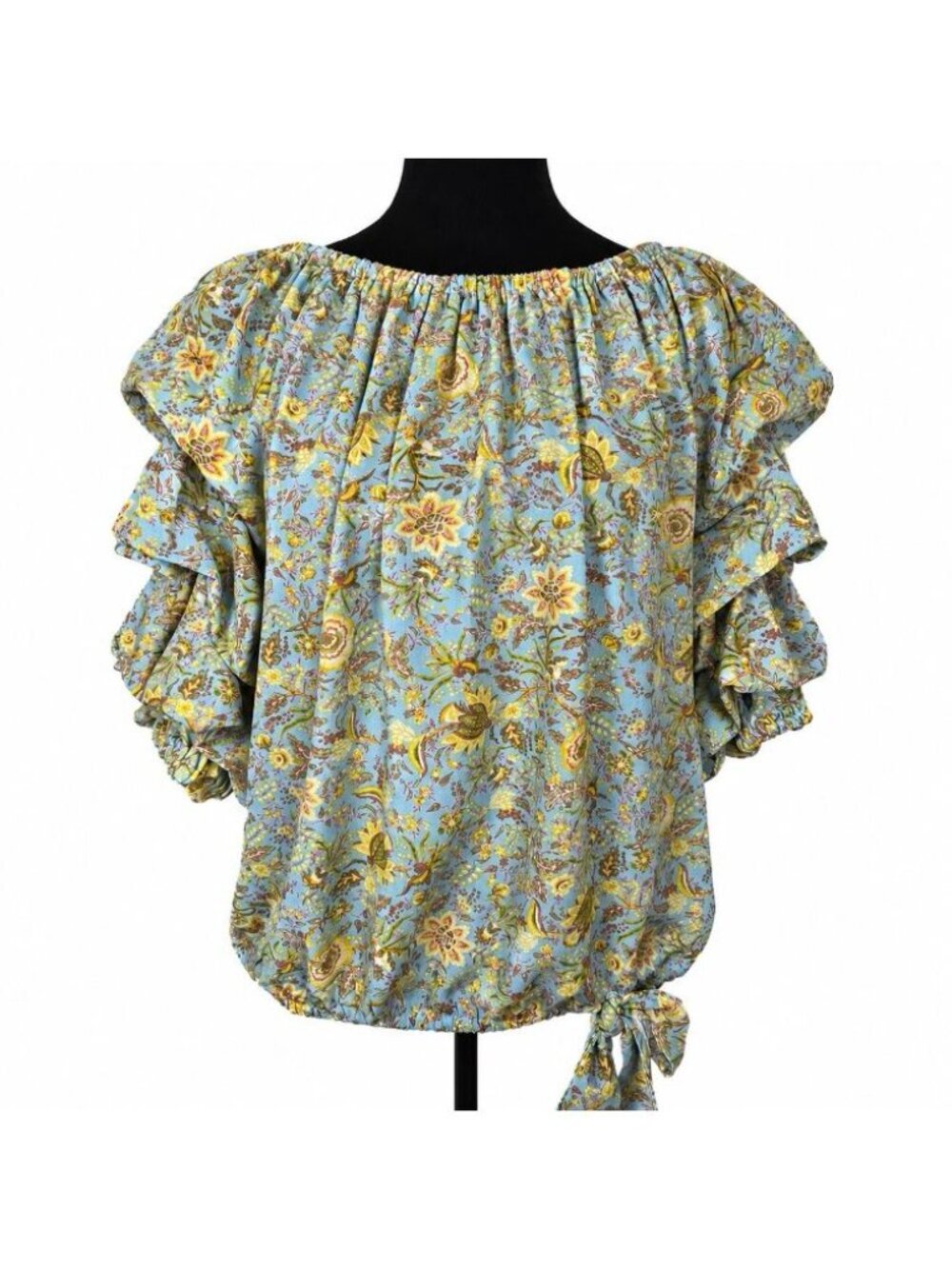 Vince Camuto Blue Yellow Floral Off Shoulder Ruffle Sleeve Blouse Sz Medium